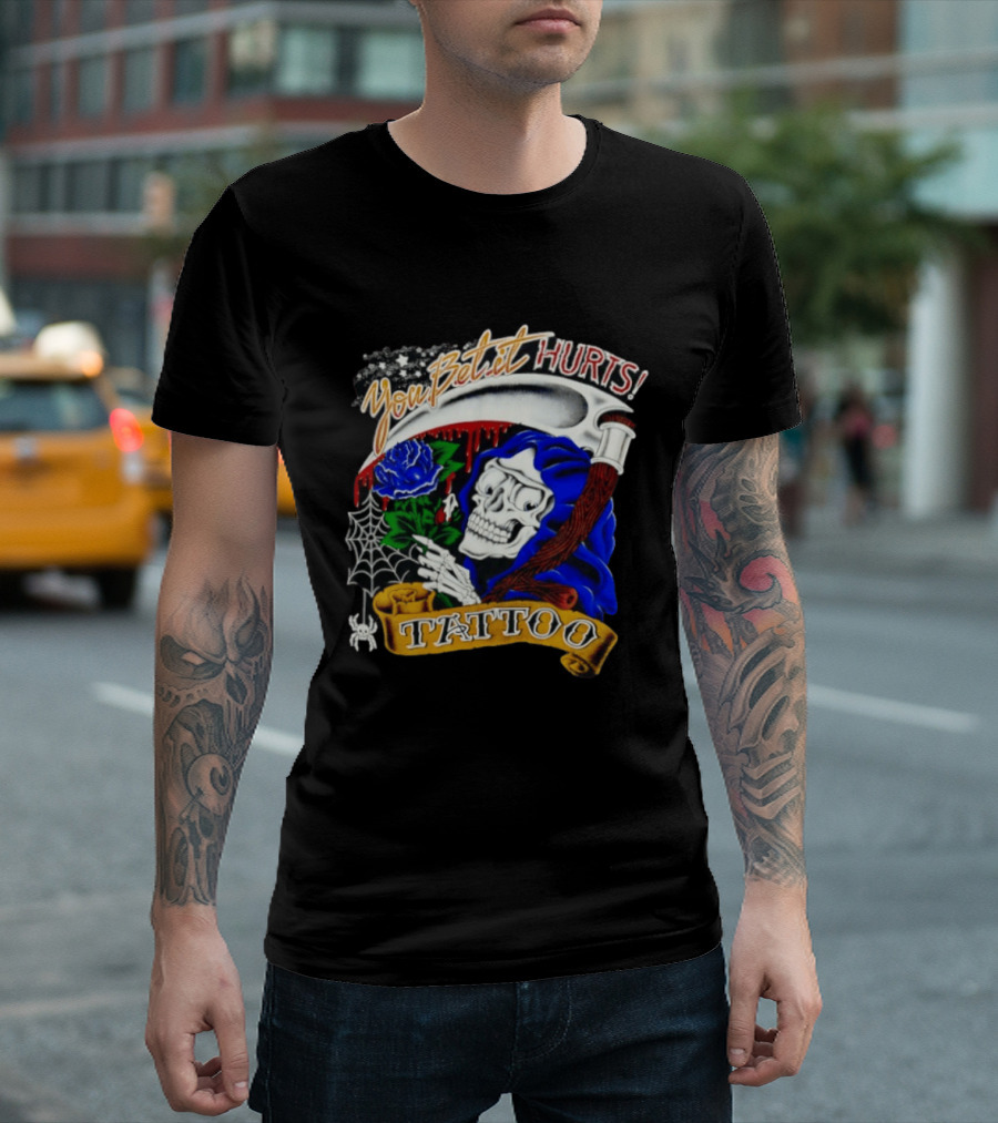 You Bet It Hurts Skeleton Rose Tattoo Spider Web T-Shirt