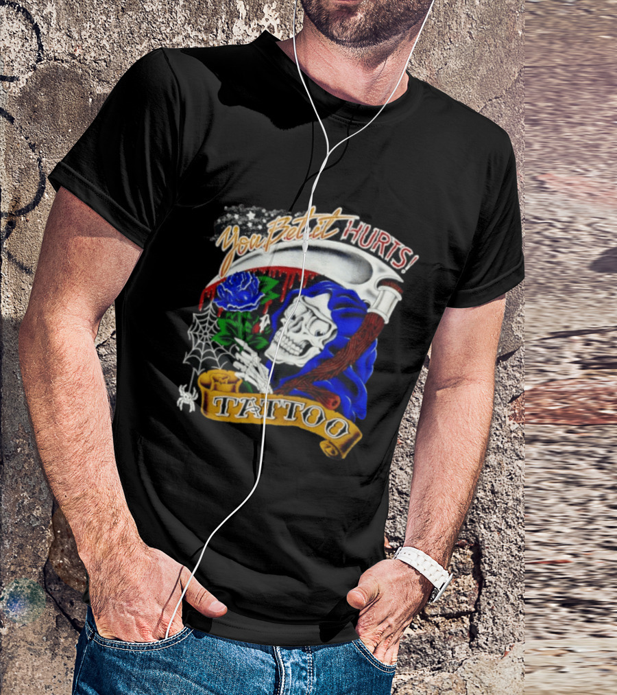 You Bet It Hurts Skeleton Rose Tattoo Spider Web T-Shirt