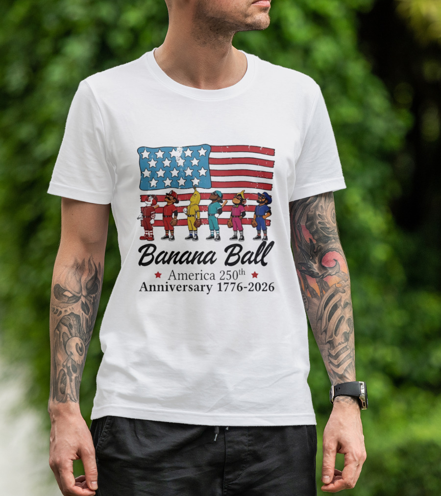 Banana Ball America 250th Anniversary 1776 2026 Flag Baseball Celebration T-Shirt