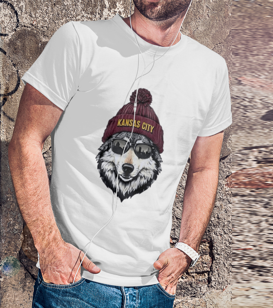Kansas City Wolf Beanie Sunglasses Cityscape T-Shirt