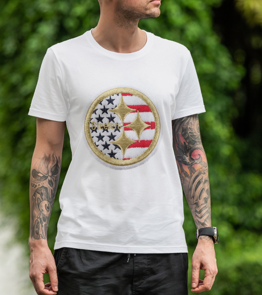 Steelers America 250 Stars And Stripes Patch USA Flag Embroidery T-Shirt