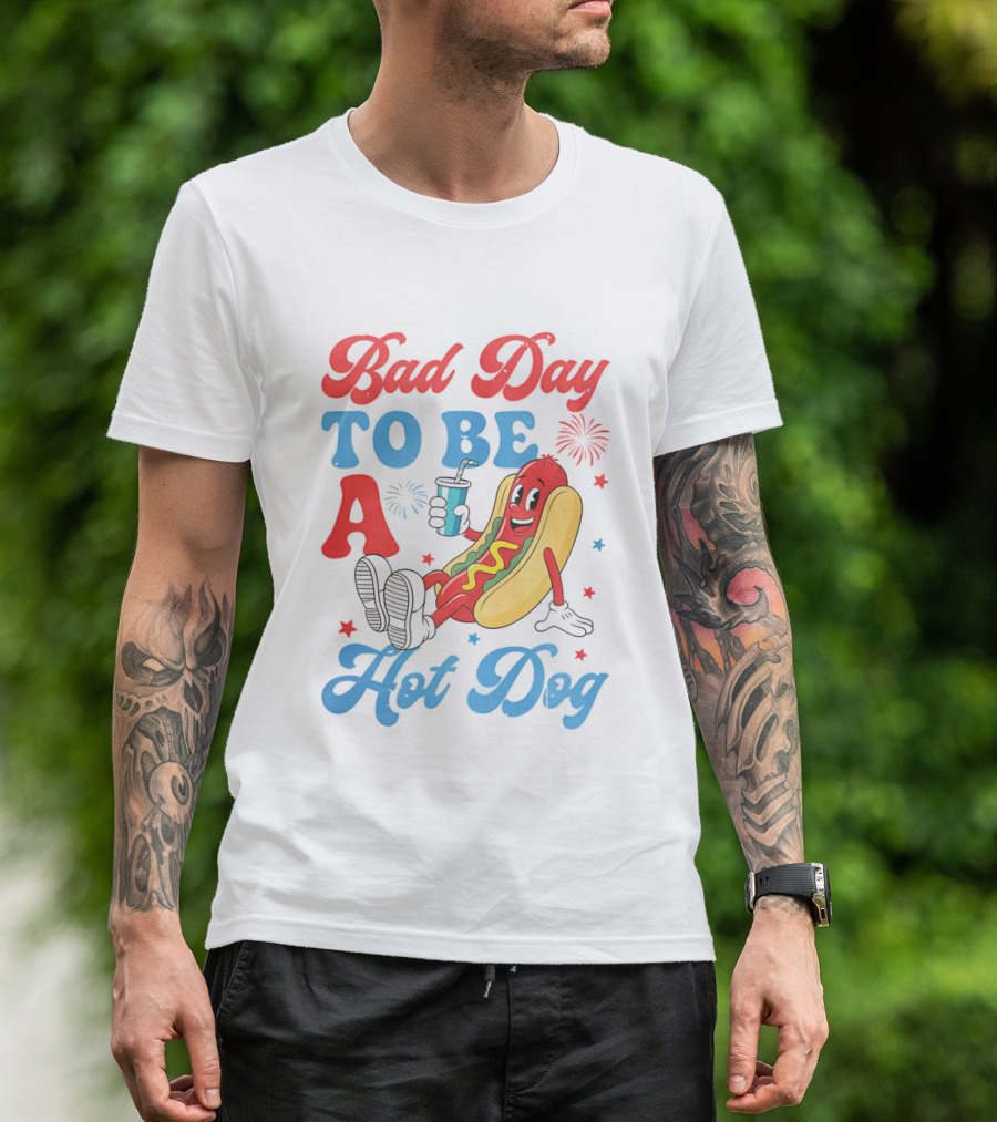 Bad Day To Be A Hot Dog Cool Cartoon Character With Drink T-Shirt