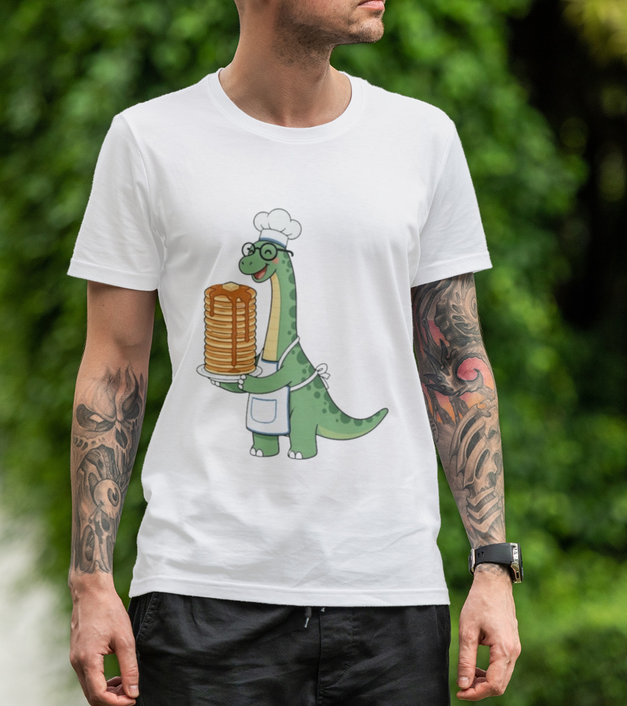 Chef Dinosaur With Towering Pancakes And A Smile T-Shirt