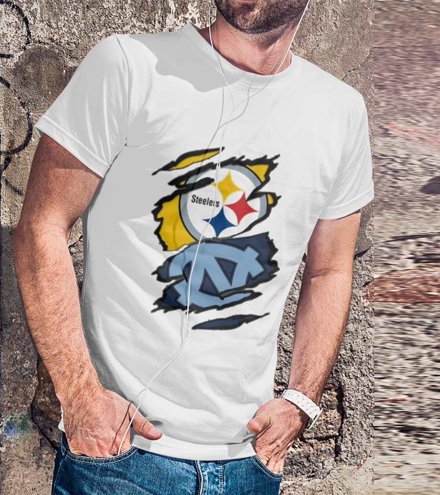 Pittsburgh Steelers UNC Tar Heels Ripped Metal Effect Logo Fusion T-Shirt