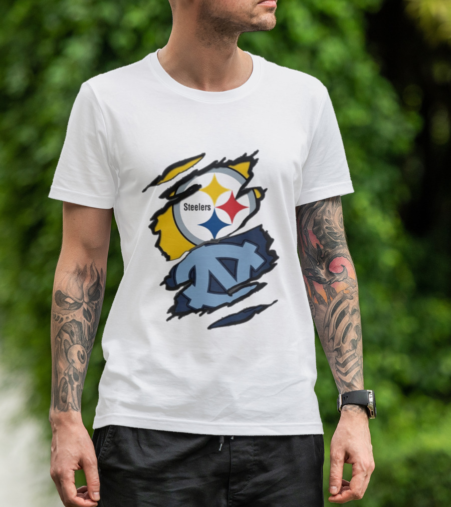 Pittsburgh Steelers UNC Tar Heels Ripped Metal Effect Logo Fusion T-Shirt