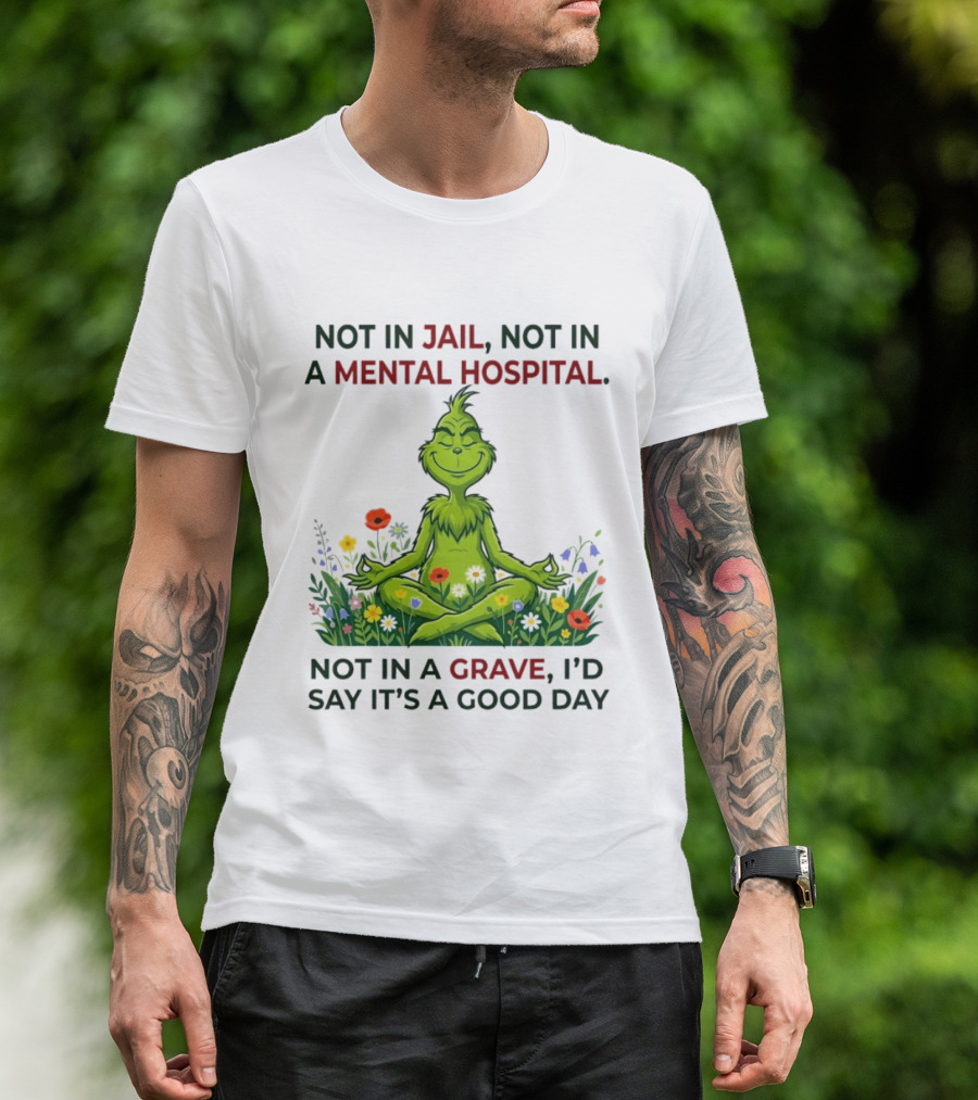 Grinch Not In Jail Not In A Mental Hospital Not In A Grave Meditation Good Day T-Shirt