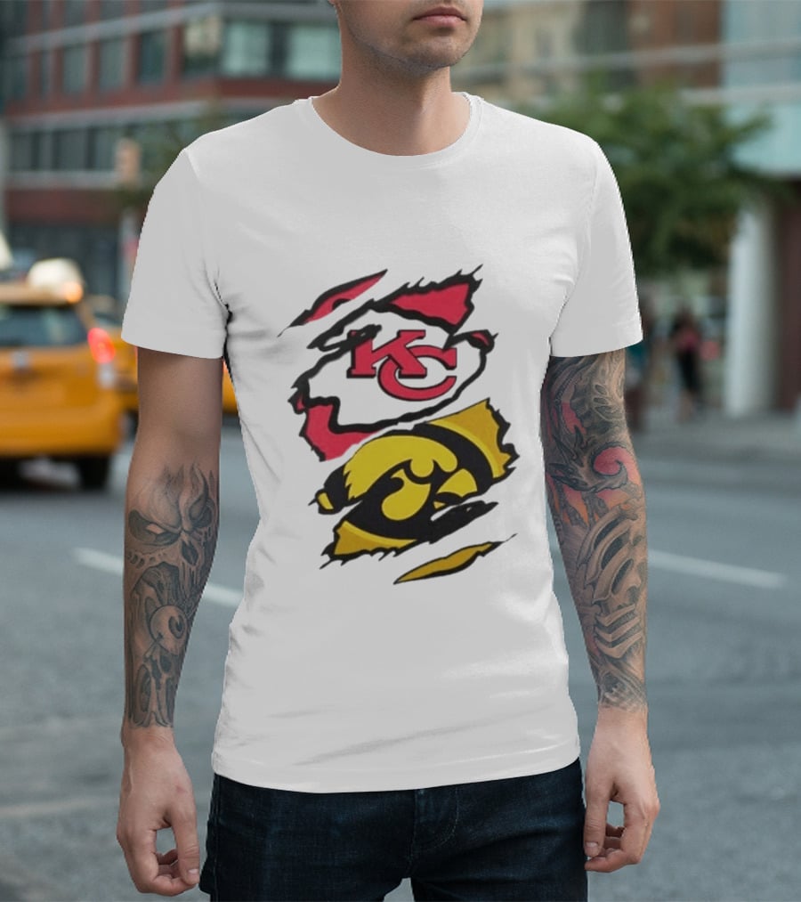 Kansas City Chiefs Iowa Hawkeyes Torn Paper KC Hawkeye Logo Mix T-Shirt
