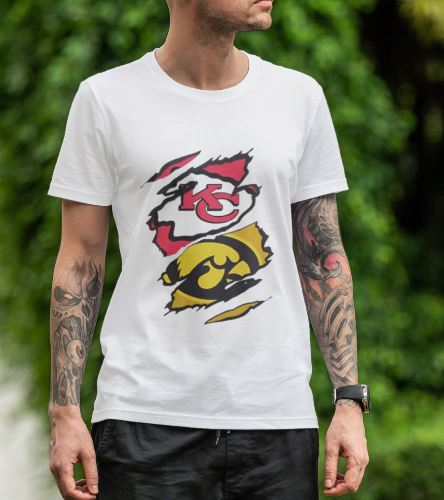 Kansas City Chiefs Iowa Hawkeyes Torn Paper KC Hawkeye Logo Mix T-Shirt