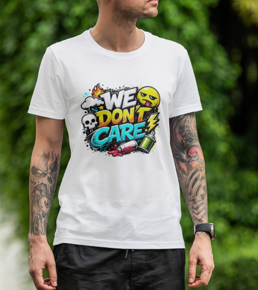 We Don't Care Graffiti Emojis Fire Cloud Lightning Skull T-Shirt