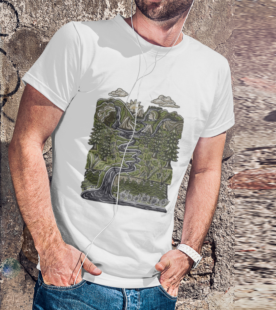 Nature Backs Forest Scene With River Trees Mountains Sun And Clouds T-Shirt