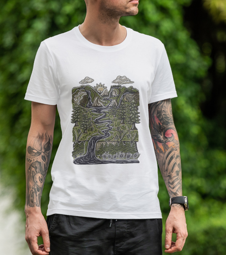 Nature Backs Forest Scene With River Trees Mountains Sun And Clouds T-Shirt
