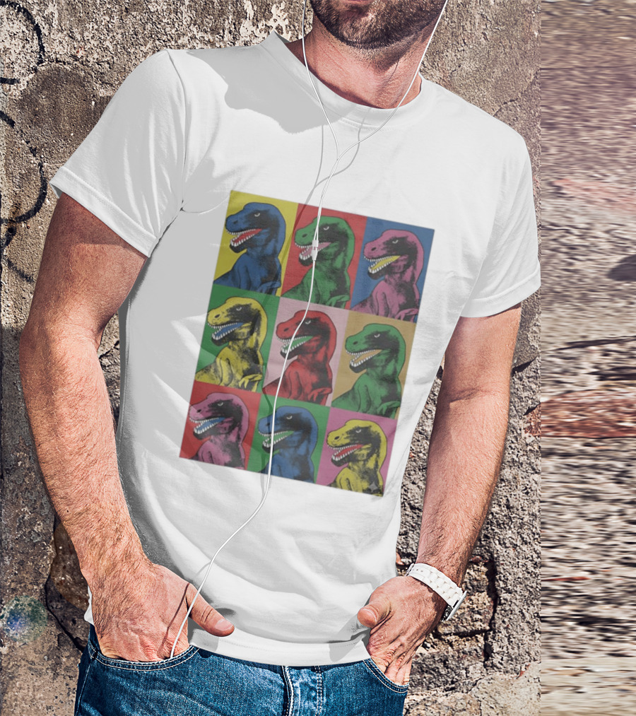 T Rex Pop Dinosaur Multi Colored Grid Prehistoric Reptile Andy Warhol T-Shirt