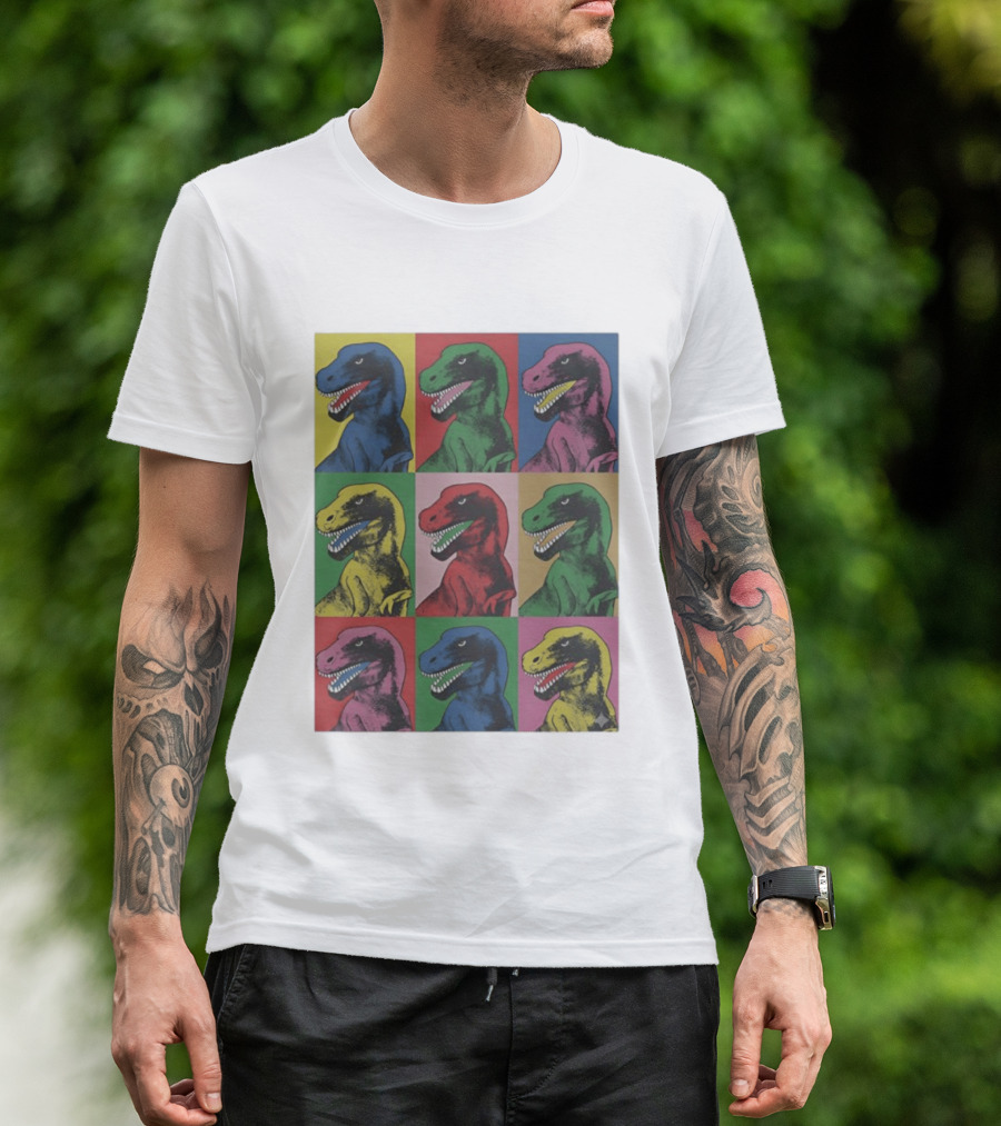 T Rex Pop Dinosaur Multi Colored Grid Prehistoric Reptile Andy Warhol T-Shirt
