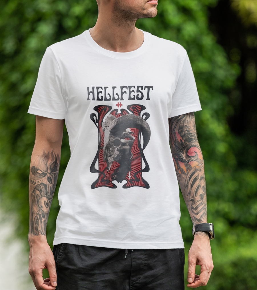 Hellfest Goat Skull Cross Inverted Crux Occult Heavy Metal Festival T-Shirt