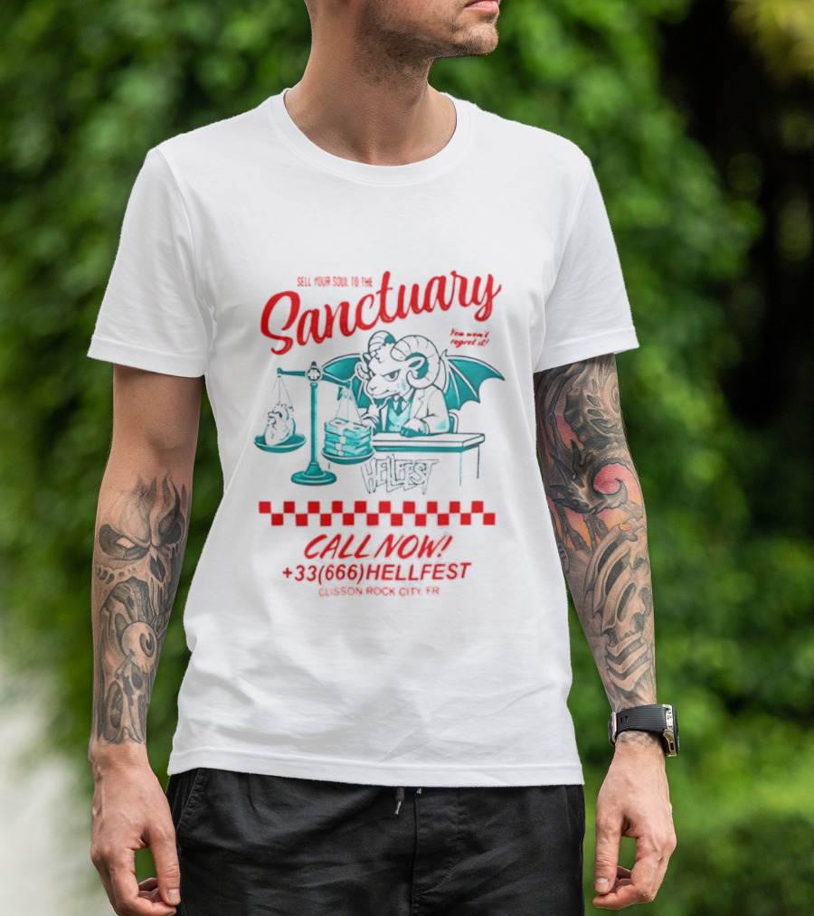 Hellfest Sanctuary Sell Your Soul Gargoyle Call Now 33 666 T-Shirt