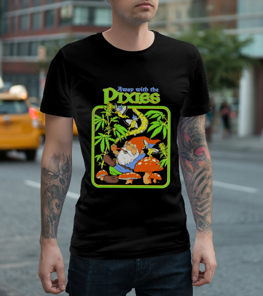 Away With The Pixies Gnome Smoking Cannabis Mushroom Fantasy Scene T-Shirt