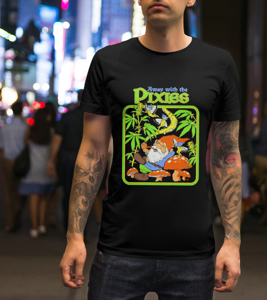 Away With The Pixies Gnome Smoking Cannabis Mushroom Fantasy Scene T-Shirt