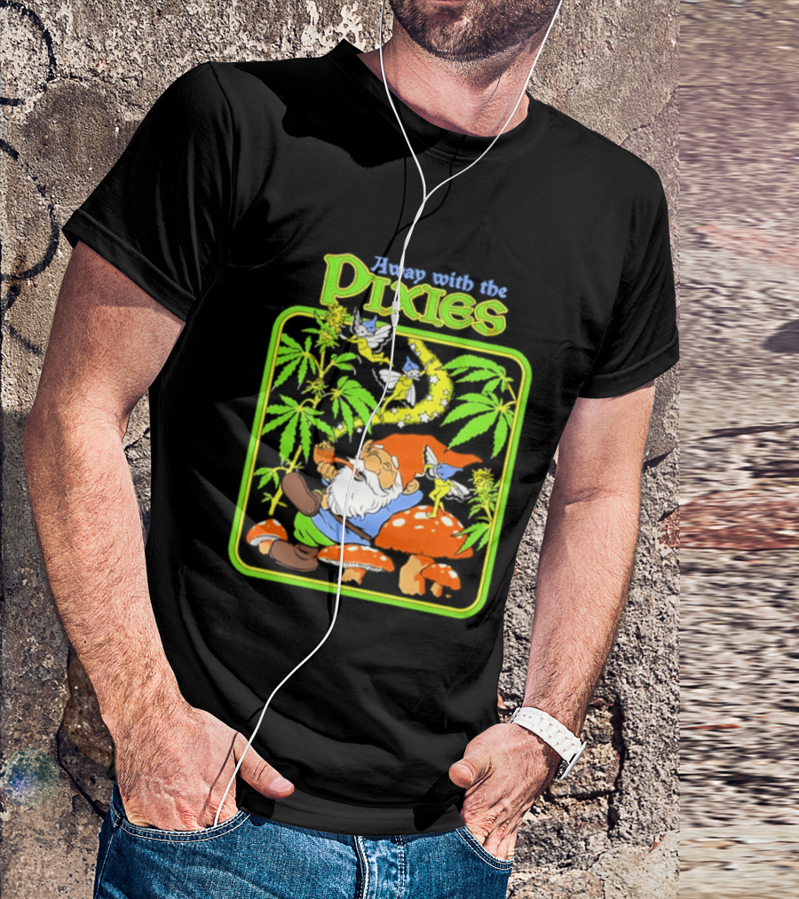 Away With The Pixies Gnome Smoking Cannabis Mushroom Fantasy Scene T-Shirt