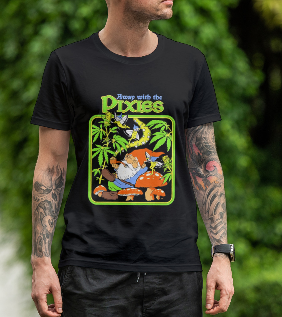 Away With The Pixies Gnome Smoking Cannabis Mushroom Fantasy Scene T-Shirt