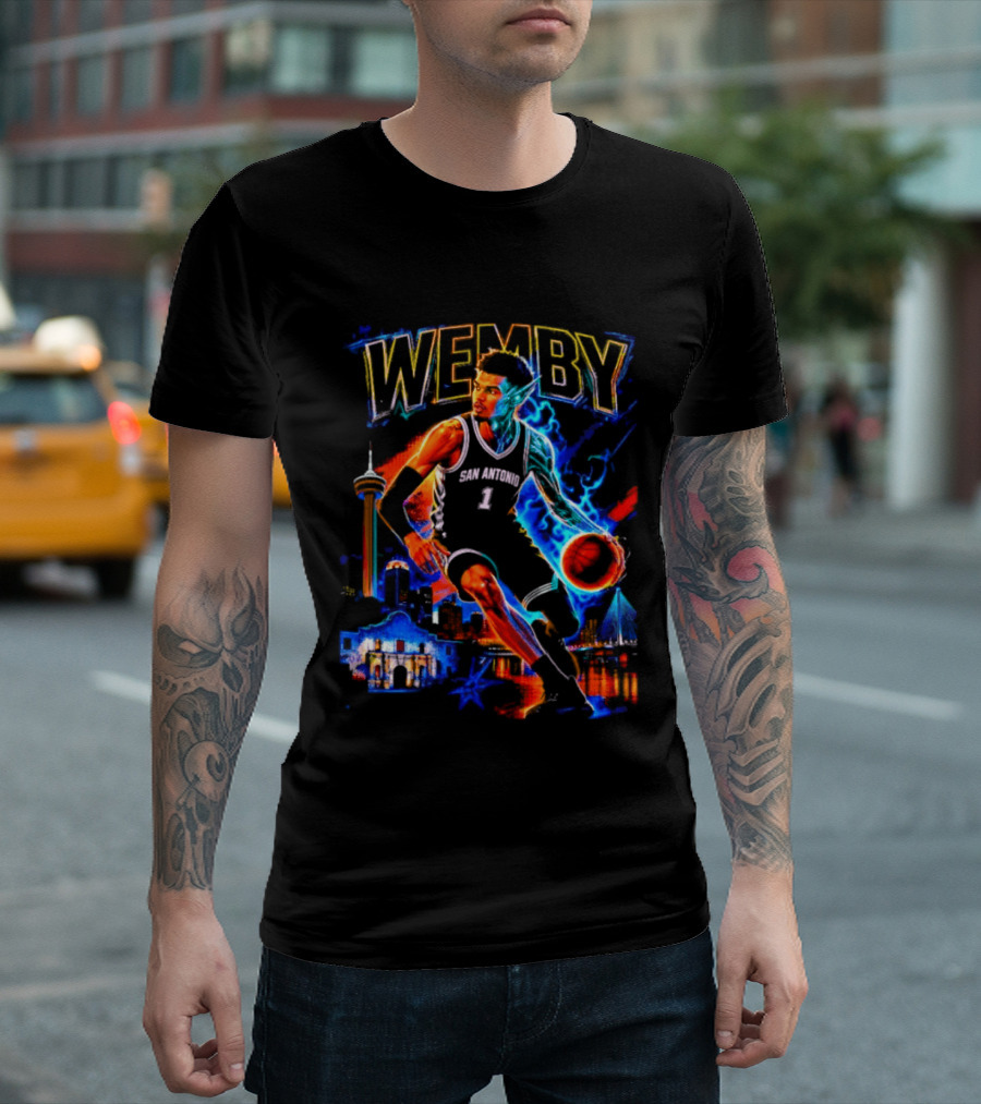 Wemby San Antonio Spurs Basketball Player Half Alien City Skyline T-Shirt