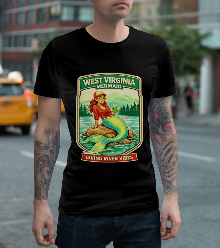 West Virginia Mermaid Giving River Vibes Green Tail Red Hat T-Shirt