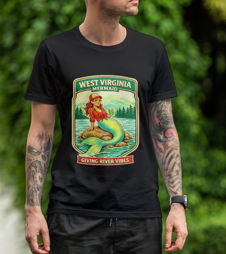 West Virginia Mermaid Giving River Vibes Green Tail Red Hat T-Shirt