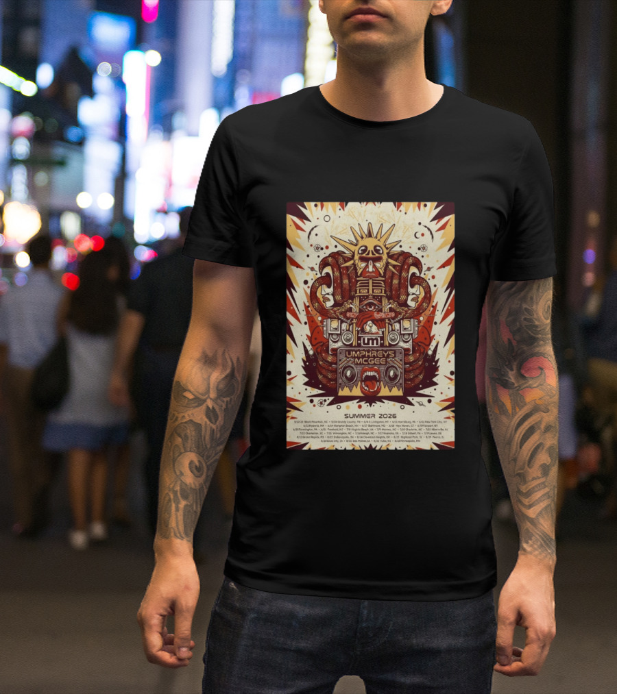 Umphrey's McGee Summer 2026 Tour Dates With Unique Symbolic Artwork And Sun Motif T-Shirt