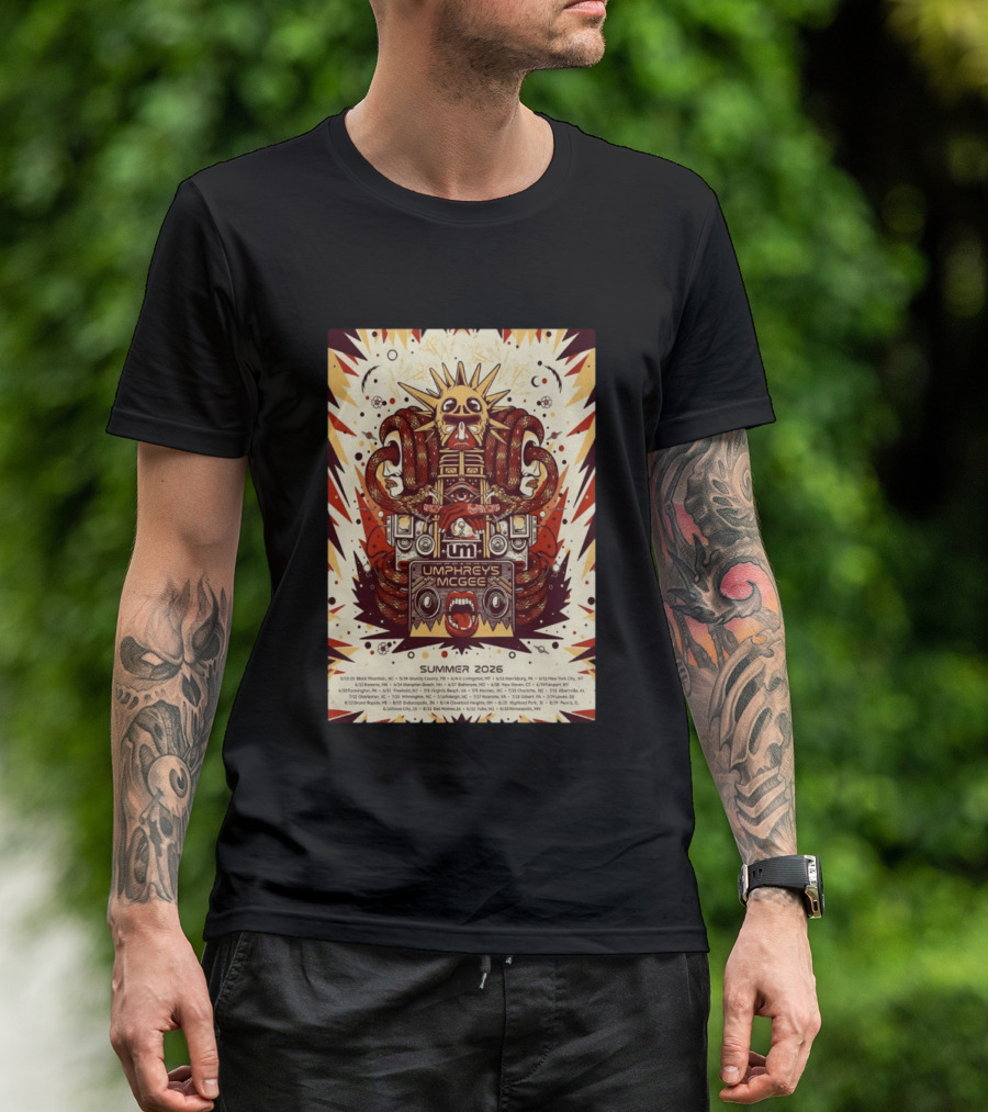 Umphrey's McGee Summer 2026 Tour Dates With Unique Symbolic Artwork And Sun Motif T-Shirt