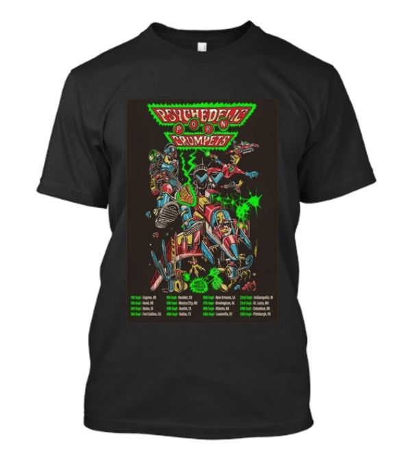 Psychedelic Porn Crumpets 2026 North America Tour With Neon Robot Graphics And Tour Dates T-Shirt
