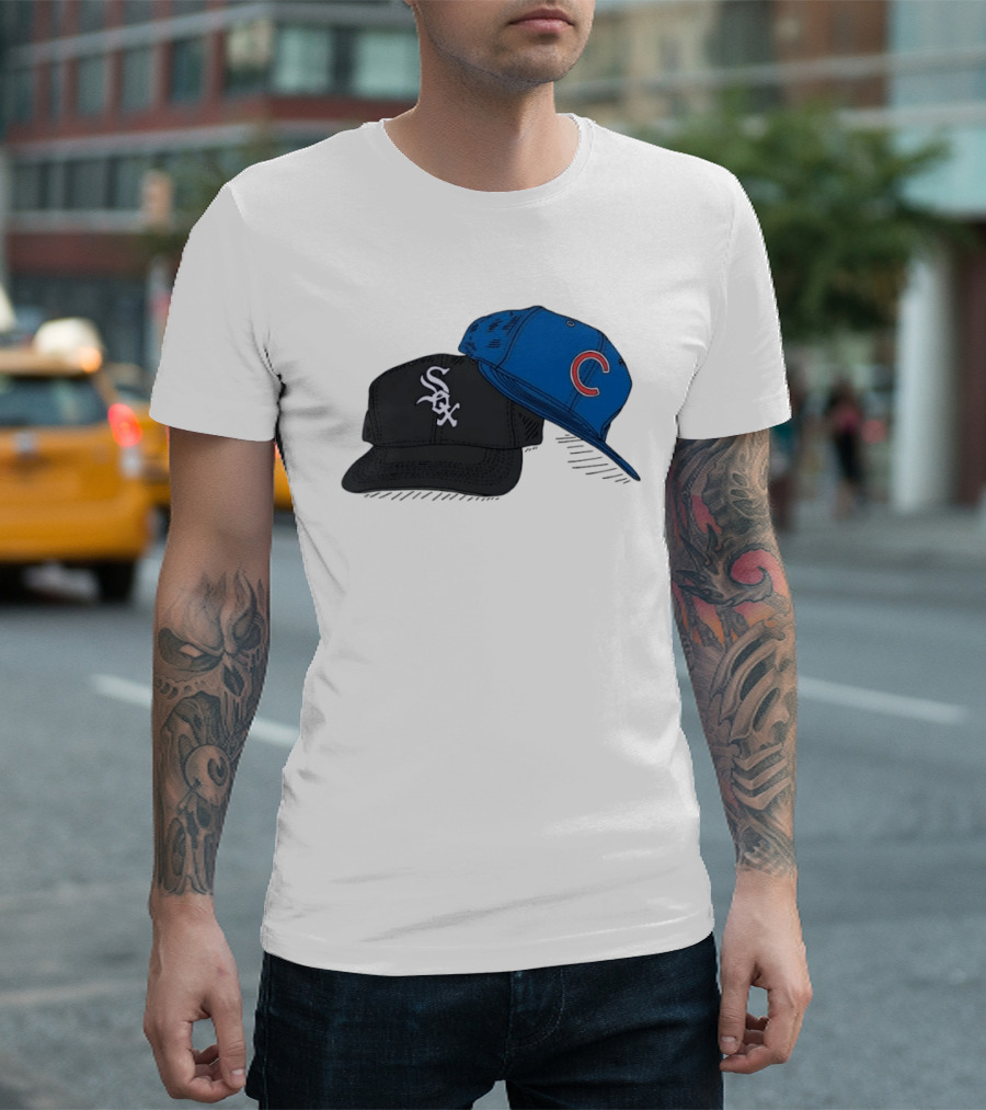 Chicago White Sox Black Hat And Chicago Cubs Blue Cap Baseball Fan Collection T-Shirt