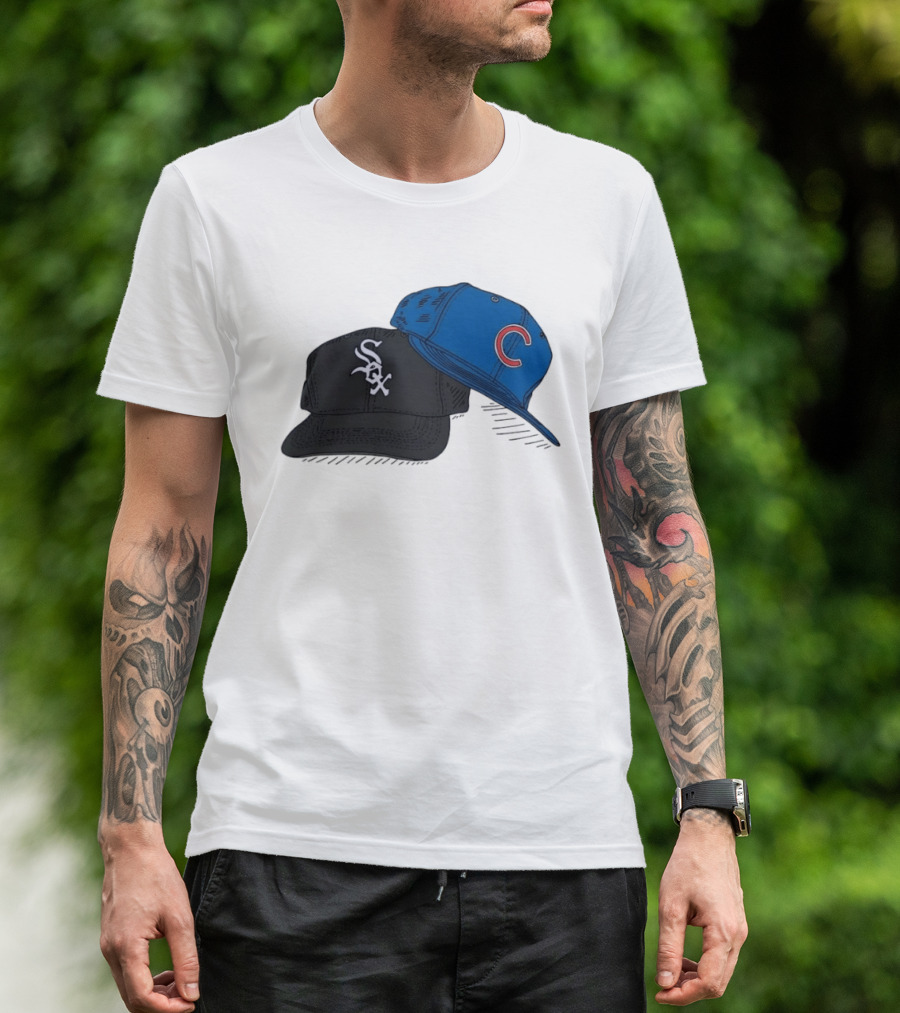 Chicago White Sox Black Hat And Chicago Cubs Blue Cap Baseball Fan Collection T-Shirt