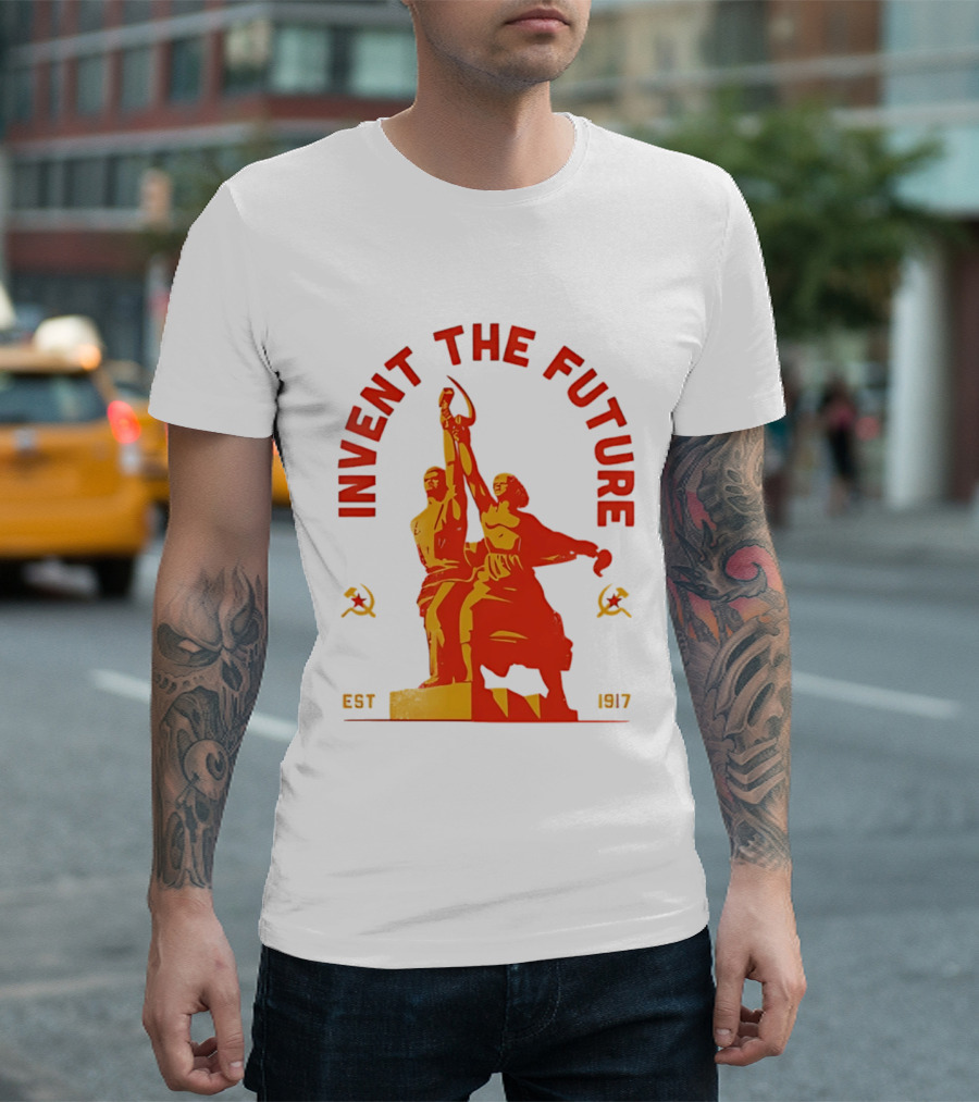 Invent The Future Est 1917 Worker And Kolkhoz Woman Statue T-Shirt