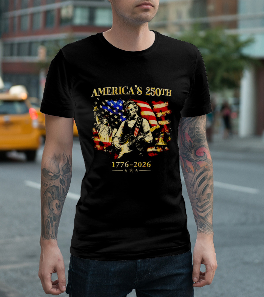 America's 250th Abraham Lincoln Guitar 1776 2026 Statue Of Liberty US Flag T-Shirt