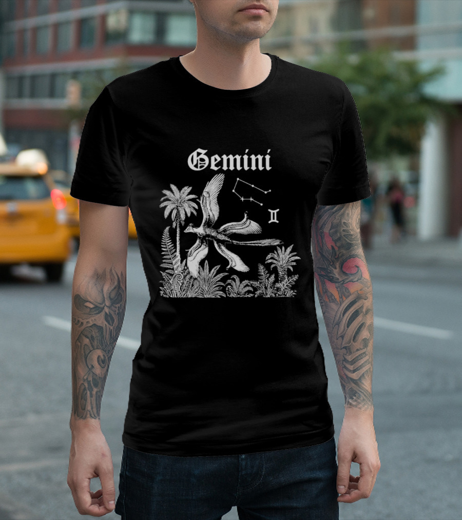 Gemini Feathered Dinosaur Constellation Tropical Scene T-Shirt