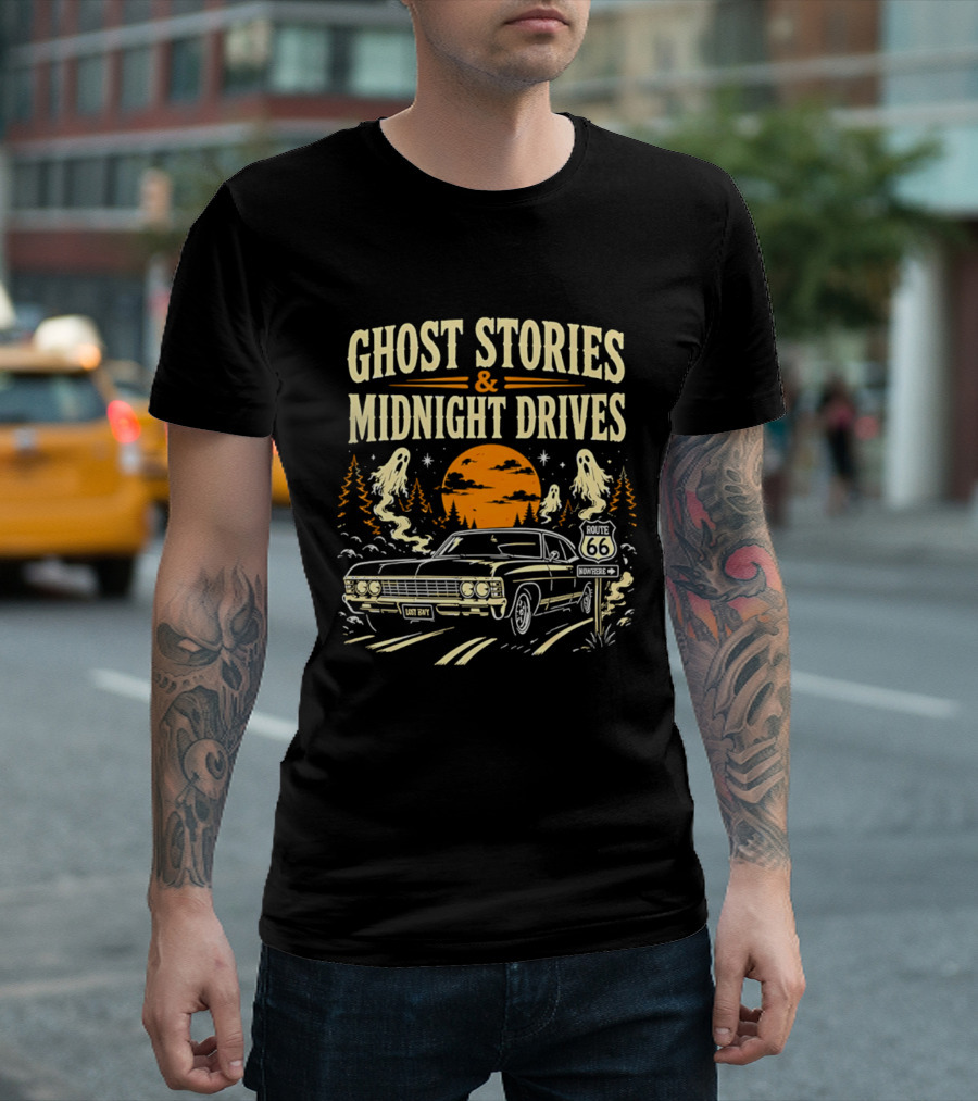 Ghost Stories Midnight Drives Route 66 Vintage Car Halloween Scene T-Shirt