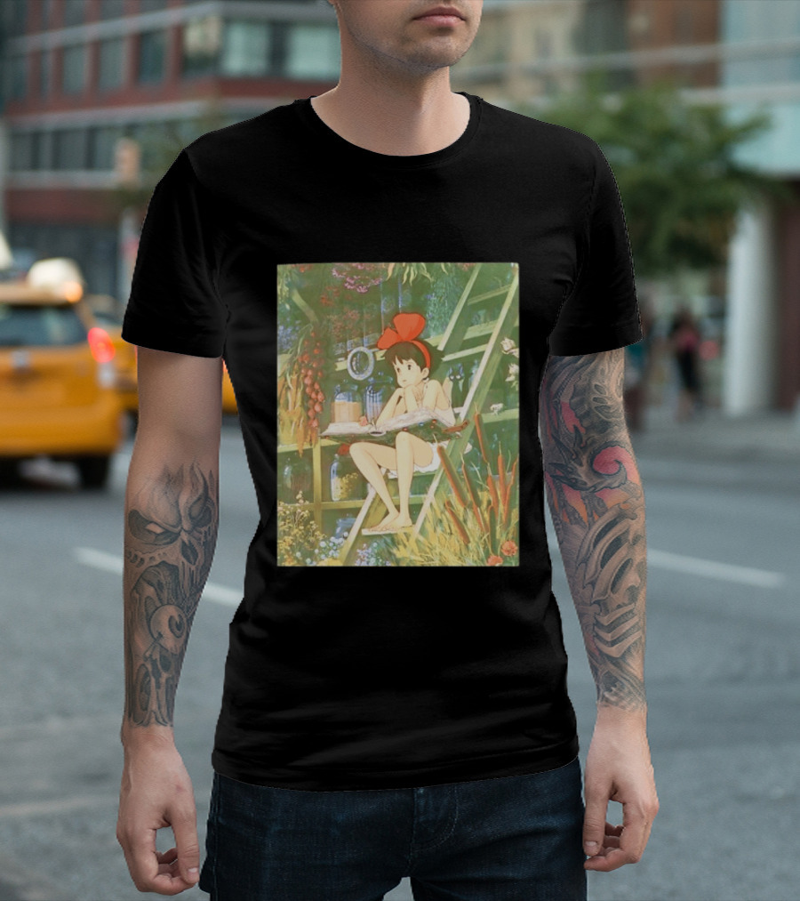 Kiki's Delivery Service Magic Book Cat And Botanical Greenhouse Scene T-Shirt