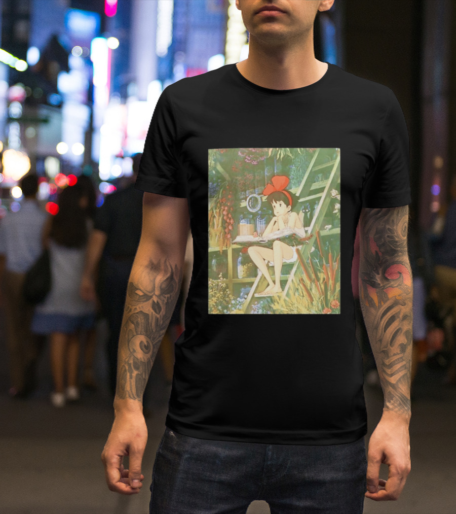 Kiki's Delivery Service Magic Book Cat And Botanical Greenhouse Scene T-Shirt