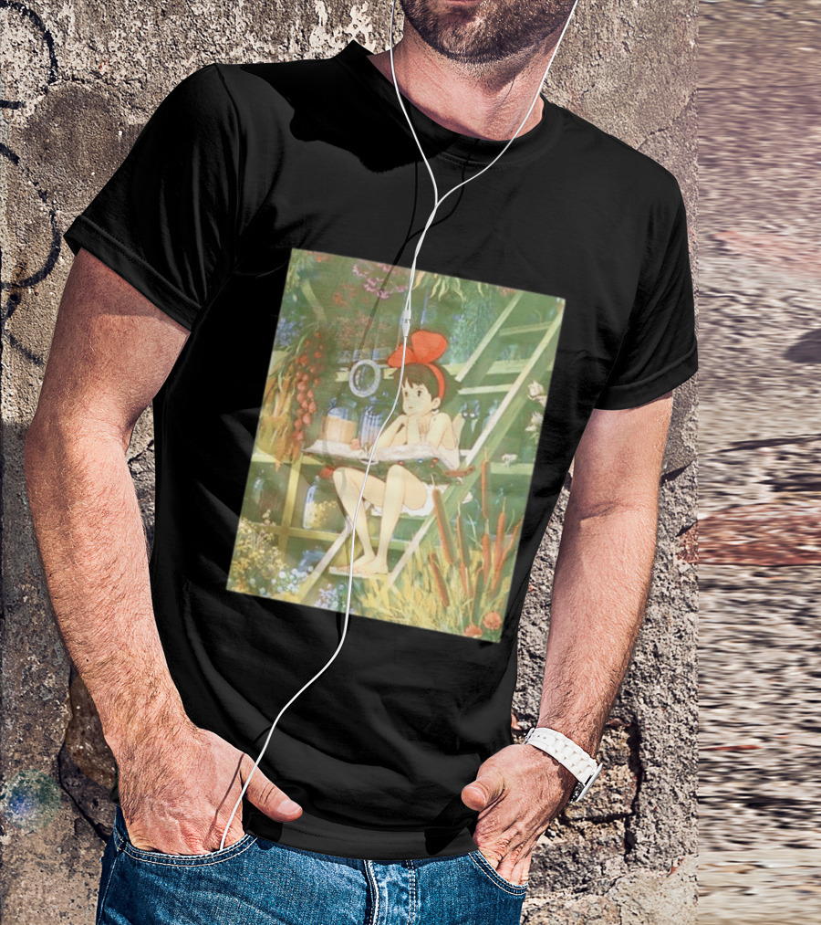 Kiki's Delivery Service Magic Book Cat And Botanical Greenhouse Scene T-Shirt