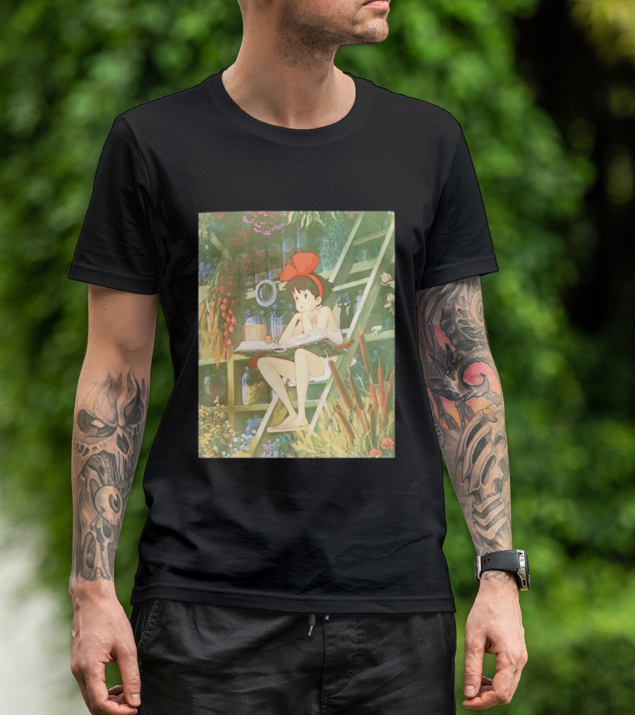 Kiki's Delivery Service Magic Book Cat And Botanical Greenhouse Scene T-Shirt