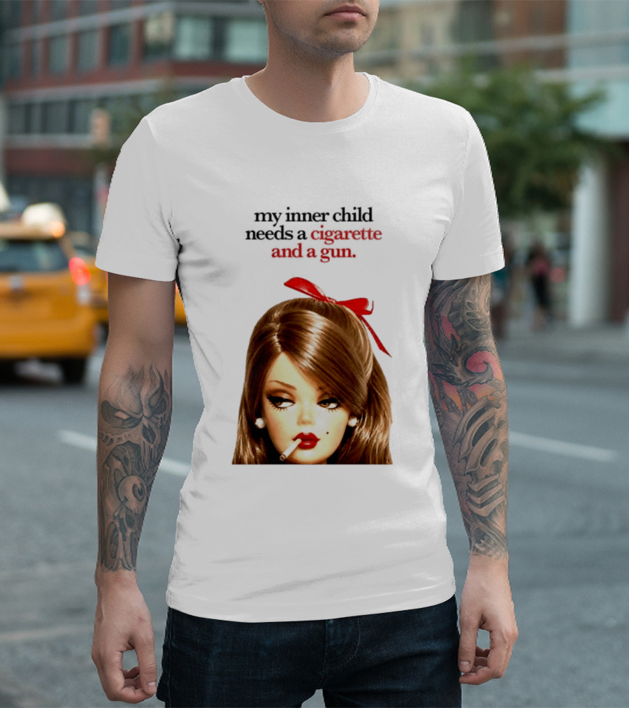 My Inner Child Needs A Cigarette And A Gun Doll Face Red Bow T-Shirt