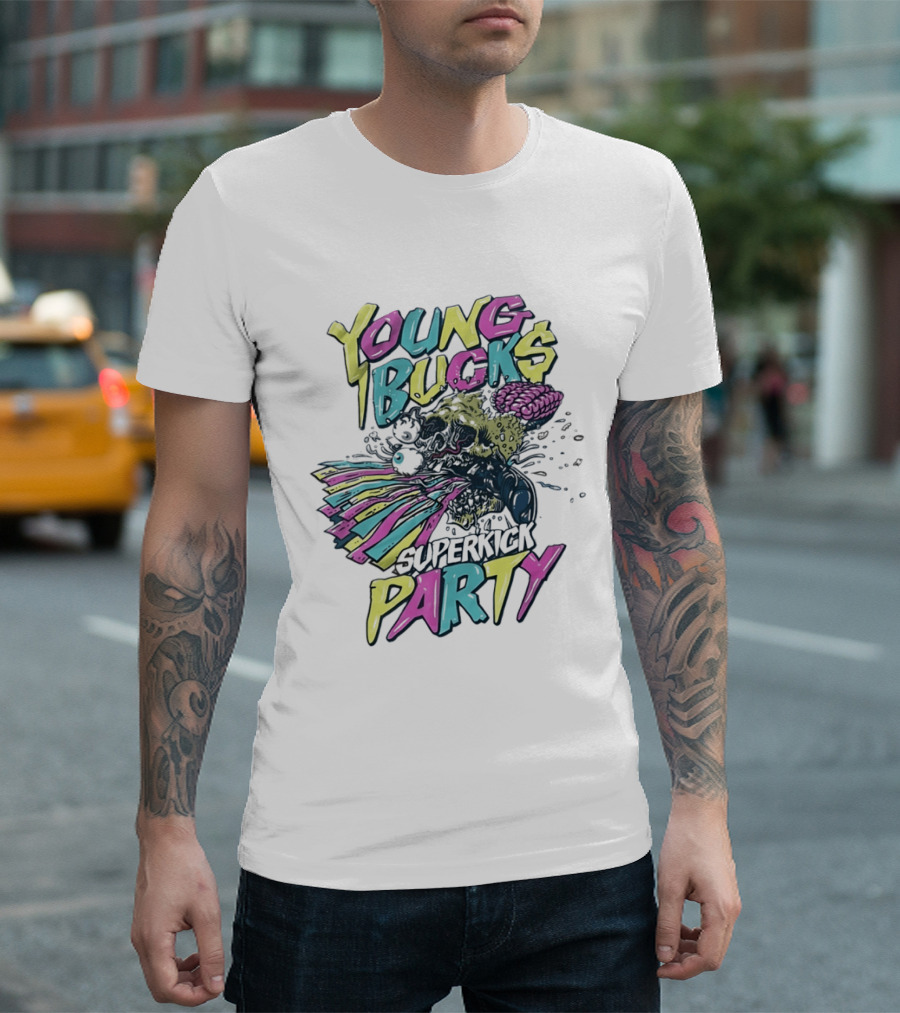Young Bucks Superkick Party Skull Brain Eyeballs Colorful Explosion T-Shirt