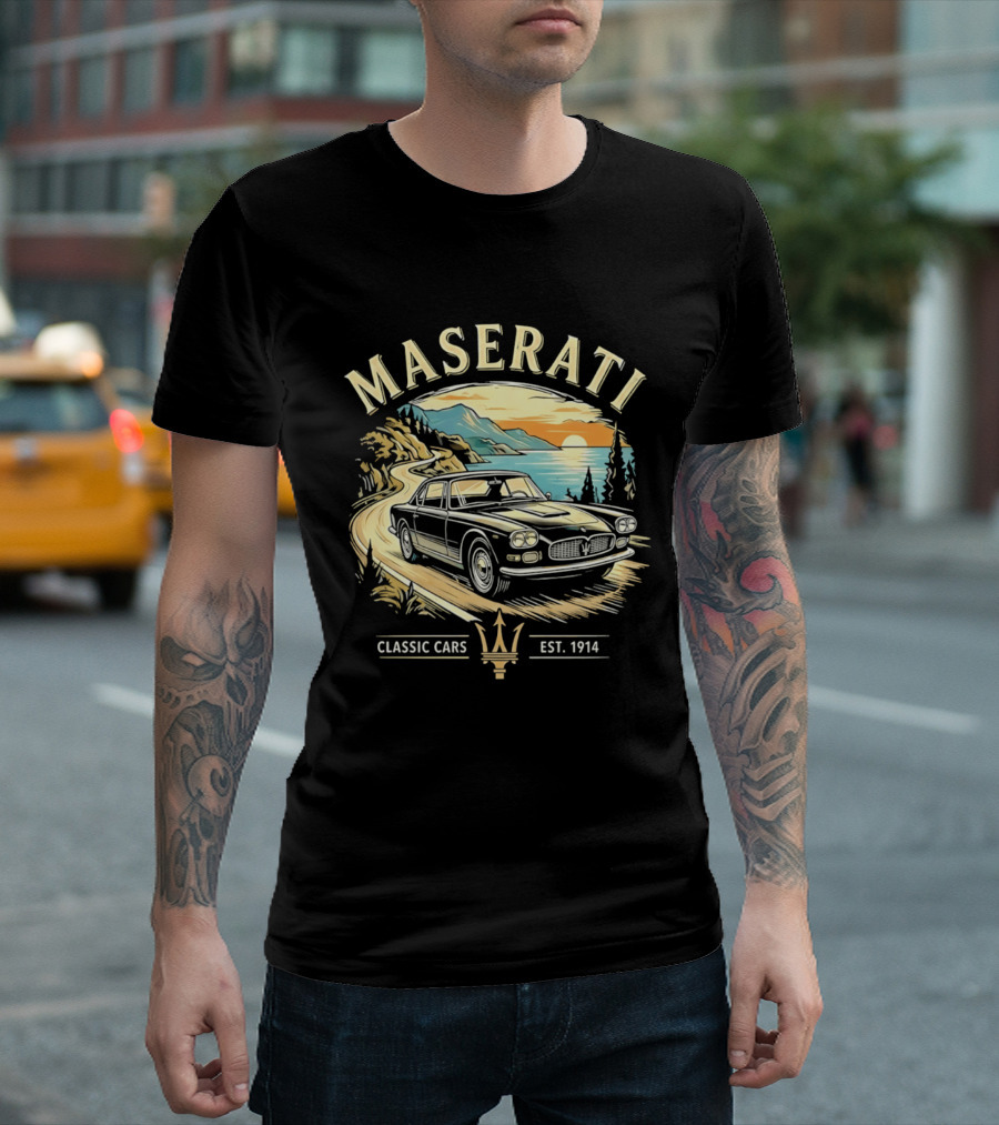Maserati Classic Cars Est 1914 Vintage Sunset Road Scene T-Shirt