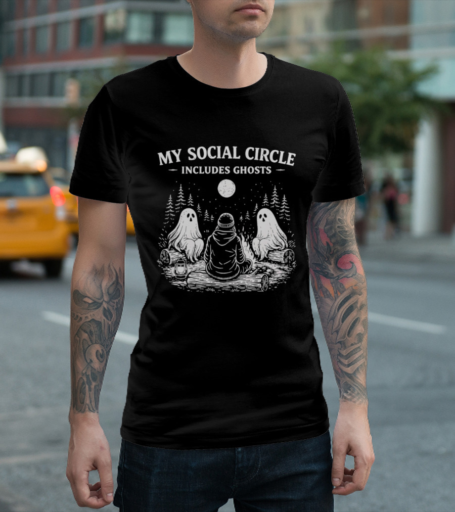 My Social Circle Includes Ghosts Forest Campfire Scene T-Shirt