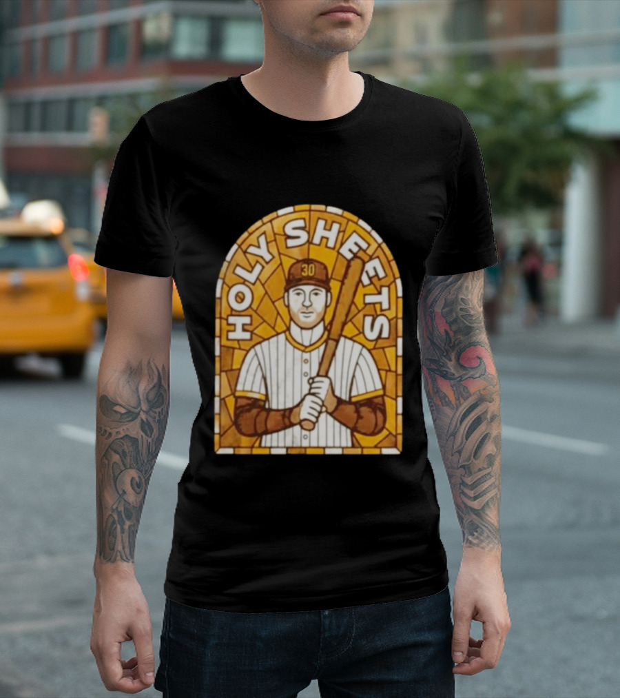 Holy Sheets Baseball Player Holding Bat 30 Stained Glass T-Shirt