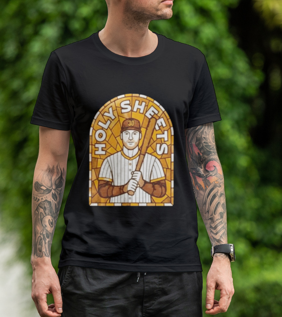 Holy Sheets Baseball Player Holding Bat 30 Stained Glass T-Shirt