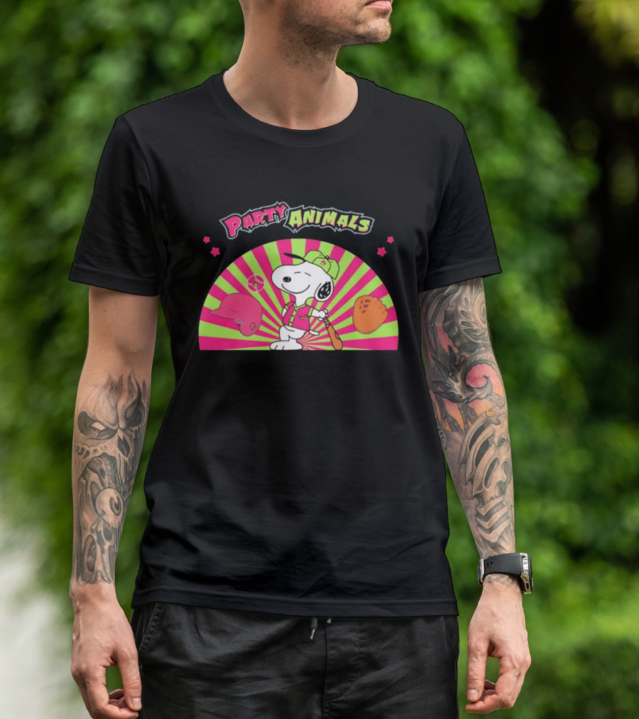 Snoopy Party Animals Baseball Glove Bat Cap Neon Stars T-Shirt