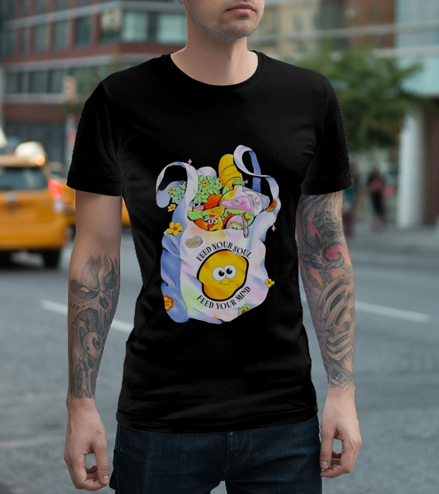 Feed Your Soul Feed Your Mind Bag With Groceries And Cartoon Face T-Shirt