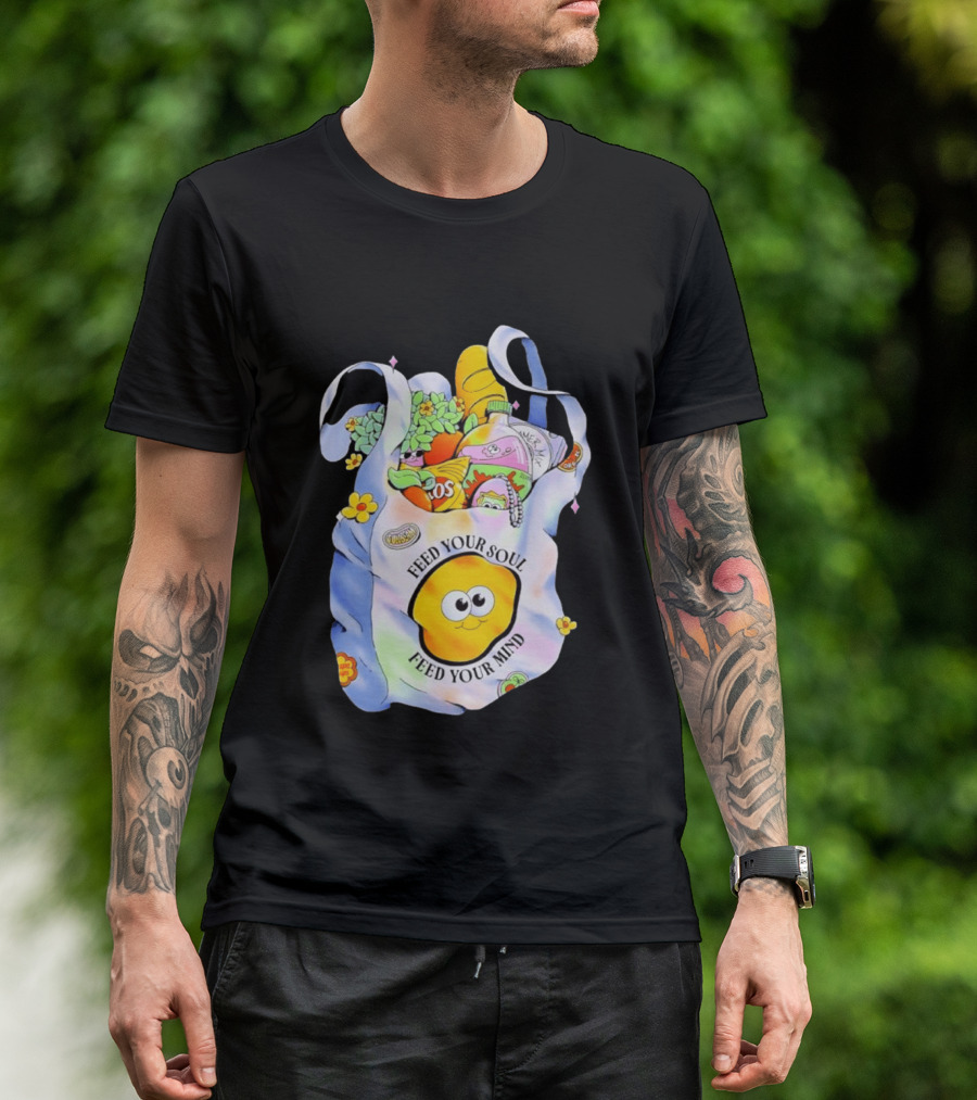 Feed Your Soul Feed Your Mind Bag With Groceries And Cartoon Face T-Shirt
