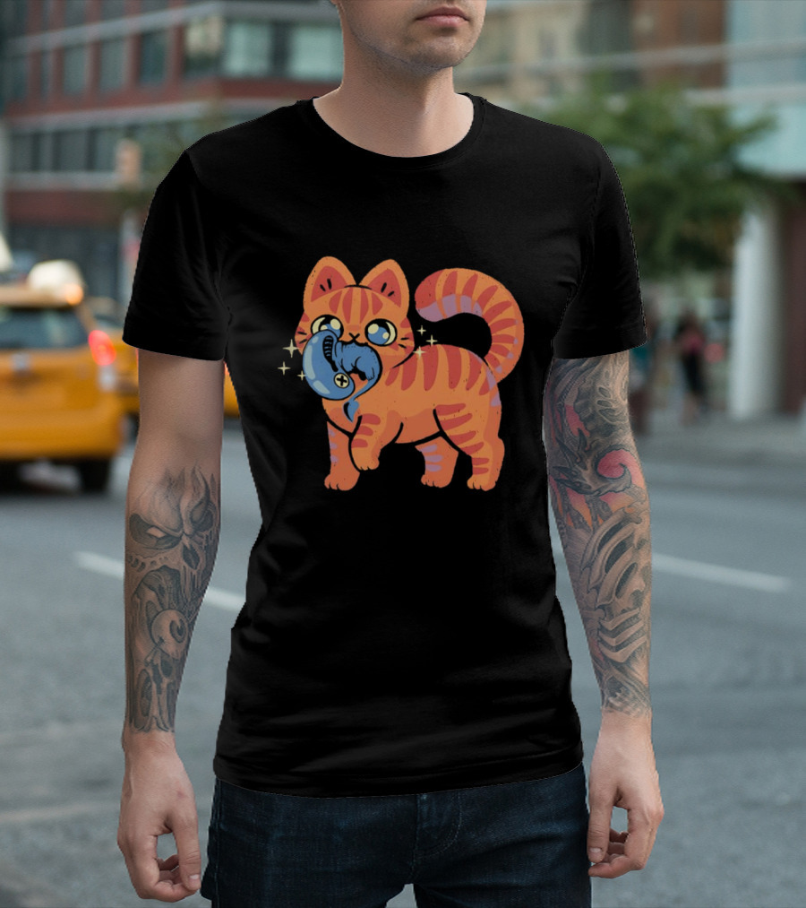 Orange Tabby Cat With Sparkles And Blue Alien Creature T-Shirt