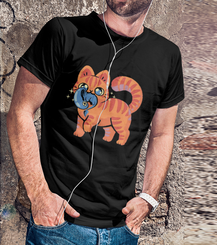 Orange Tabby Cat With Sparkles And Blue Alien Creature T-Shirt